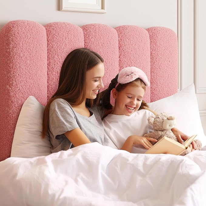 GarveeHome Twin Bed Frame with Under-Bed Drawer, Upholstered Platform Bed with Wave Headboard for Kids/Girls, Wooden Slats Support, No Box Spring Needed, Boucle Pink