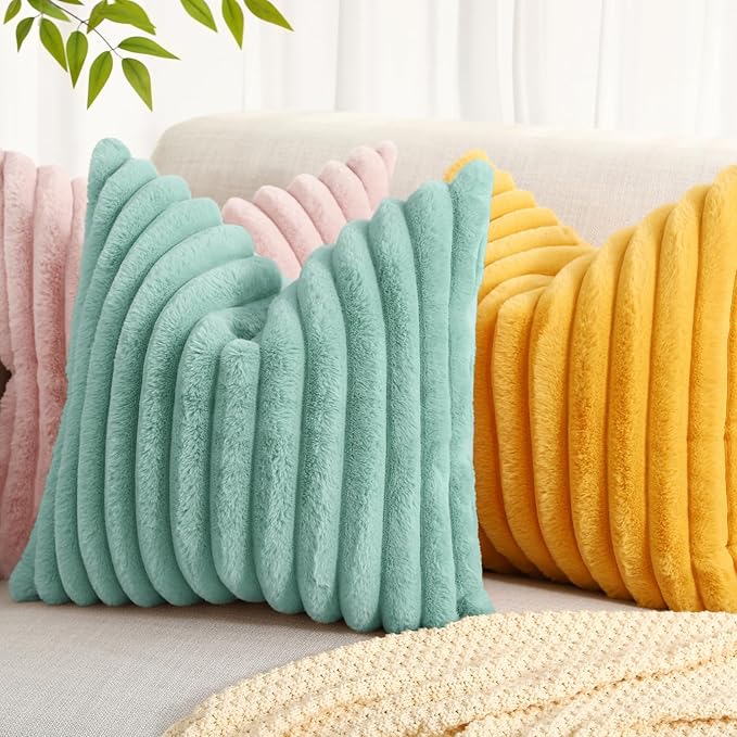 decorUhome Faux Fur Throw Pillow Covers 20x20 Set of 2, Decorative Soft Plush Striped Neutral Euro Pillow Covers with Velvet Back for, Bed, Living Room Home Decor, Aqua