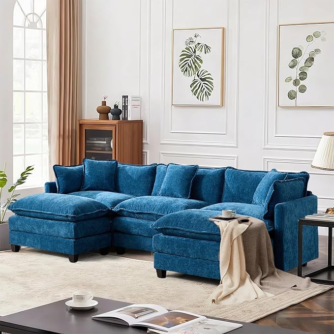 SoarFlash 107.4" Chenille Sectional Sofa, Comfy U Shaped Modular Coush Sofa with Ottoman, Modern 4 Seat Couch Deep Seat Sofa Set for Living Room,Blue