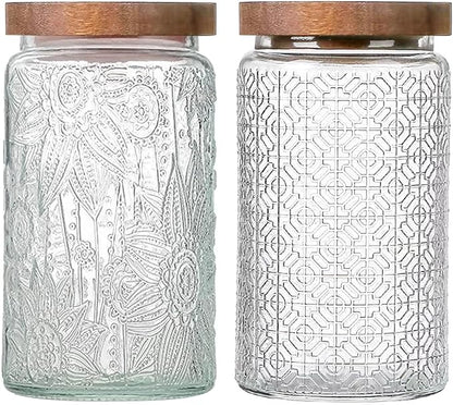 Vintage Glass Jars with Wooden Lids, 2 Pack 34 oz Airtight Glass Food Storage Containers Sets for the Kitchen, Sugar Coffee Candy Spice Cookie Tea Pasta