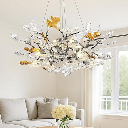 Modern Chandelier for Dining Room, Modern D31.5" Ginkgo Leaf Black Tree Branch Chandelier, Farmhouse Round Chandeliers Over Dining, Glass Lights for Living Room Bedroom Kitchen Island, 10-Light