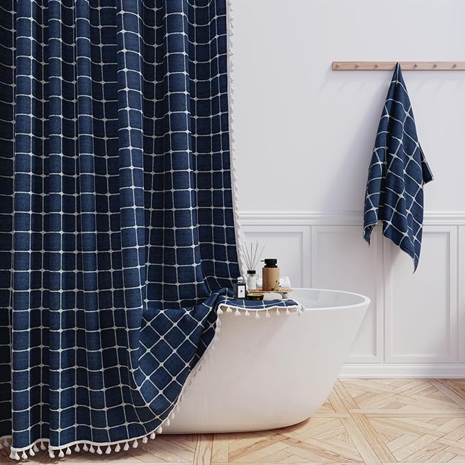 BTTN Boho Farmhouse Shower Curtain - Linen Rustic Heavy Duty Fabric Shower Curtain Set with Tassel, Water Repellent, Bohemian Vintage Country Thick Cloth Shower Curtains for Bathroom, Navy Blue, 72x72