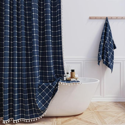 BTTN Boho Farmhouse Shower Curtain - Linen Rustic Heavy Duty Fabric Shower Curtain Set with Tassel, Water Repellent, Bohemian Vintage Country Thick Cloth Shower Curtains for Bathroom, Navy Blue, 72x72