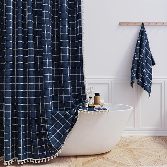 BTTN Boho Farmhouse Shower Curtain - Linen Rustic Heavy Duty Fabric Shower Curtain Set with Tassel, Water Repellent, Bohemian Vintage Country Thick Cloth Shower Curtains for Bathroom, Navy Blue, 72x72