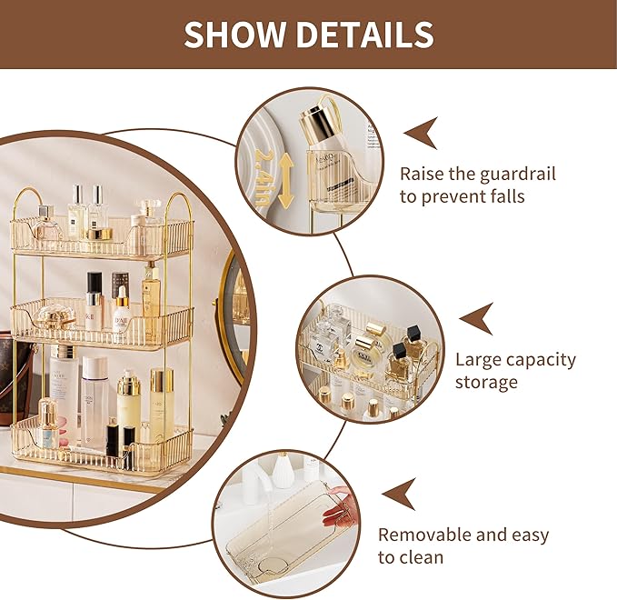 3 Tier Bathroom Organizer Countertop Makeup Perfume Skincare Organizer for Bathroom Dresser Vanity (Gold)