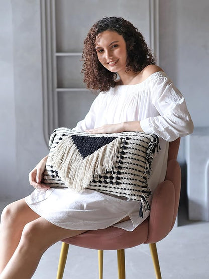 Decorative Boho-Chic Pillow Cover Handwoven Tufted Cotton Accent Pillows, Neutral Throw Cushion for Couch or Bed, Farmhouse & Bohemian Home Decor, Trendy USA Design (Black Lumbar 12x20)