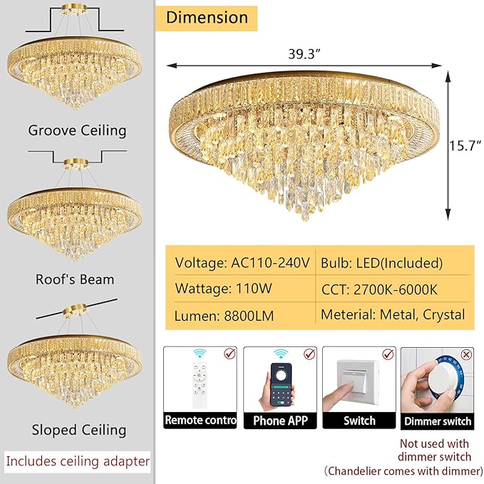 Modern Crystal Large Chandeliers LED Dimmable Flush Mount Ceiling Chandeliers for Living Room High Ceiling Entrance Foyer Bedroom