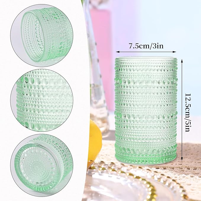 Green Hobnail Glasses Drinking Set of 4, 12 oz Cocktail Glasses, Green Vintage Glassware for Beer, Cocktail, Soda, Juice, Coffee and Various Mixed Drinks