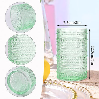 Green Hobnail Glasses Drinking Set of 4, 12 oz Cocktail Glasses, Green Vintage Glassware for Beer, Cocktail, Soda, Juice, Coffee and Various Mixed Drinks