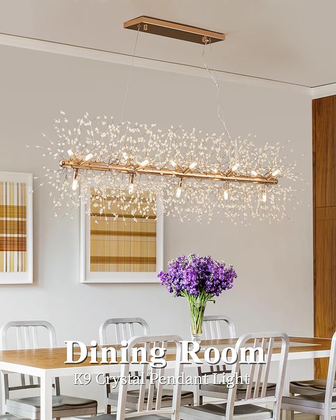 Modern 47.2" Modern Gold Crystal Firework Chandelier, 15-Light Pendant Light Fixture, Rectangle Linear Sputnik Dandelion Chandeliers for Dining Room Kitchen Living Room