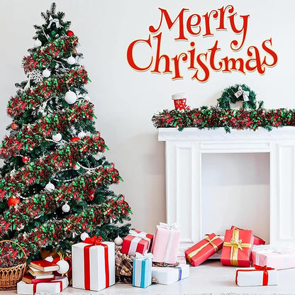 50Ft Christmas Tinsel Garland - Red Green Black Shiny Metallic Twist Decor for Christmas Tree Home Stairs Railing Front Door Mantle Fireplace Indoor Outdoor Holiday Party