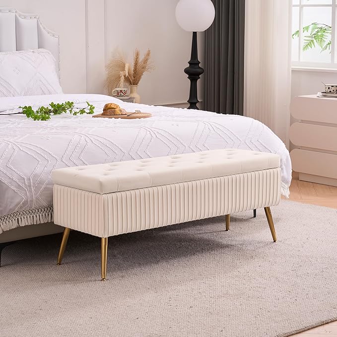 Velvet Storage Bench for Bedroom, Upholstered End of Bed Bench Modern Tufted Ottoman with Gold Legs for Living Room/Window/Entryway(Ivory White, Rectangle-45.5" W)