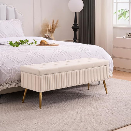 Velvet Storage Bench for Bedroom, Upholstered End of Bed Bench Modern Tufted Ottoman with Gold Legs for Living Room/Window/Entryway(Ivory White, Rectangle-45.5" W)