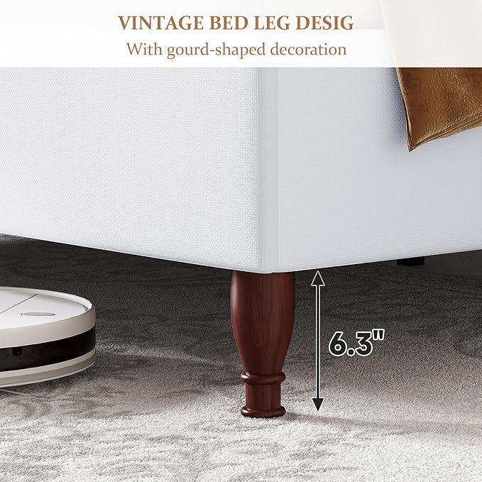 King Size Bed Frame with 51" Tall Headboard, High Upholstered Platform soft Fabric, Classic Curved Wingback & Wood Retro Legs, No Box Spring Needed/Easy Assembly, White