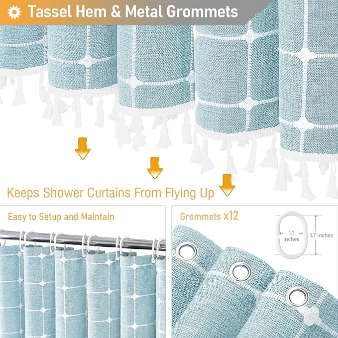 BTTN 78 Inch Long Shower Curtain - Boho Farmhouse Linen Ultra Thick Fabric Shower Curtain Set with Plastic Hooks, Tall Rv Rustic Country Weighted Cloth Shower Curtains for Bathroom - Fog Blue - 72x78