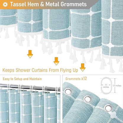 BTTN 78 Inch Long Shower Curtain - Boho Farmhouse Linen Ultra Thick Fabric Shower Curtain Set with Plastic Hooks, Tall Rv Rustic Country Weighted Cloth Shower Curtains for Bathroom - Fog Blue - 72x78