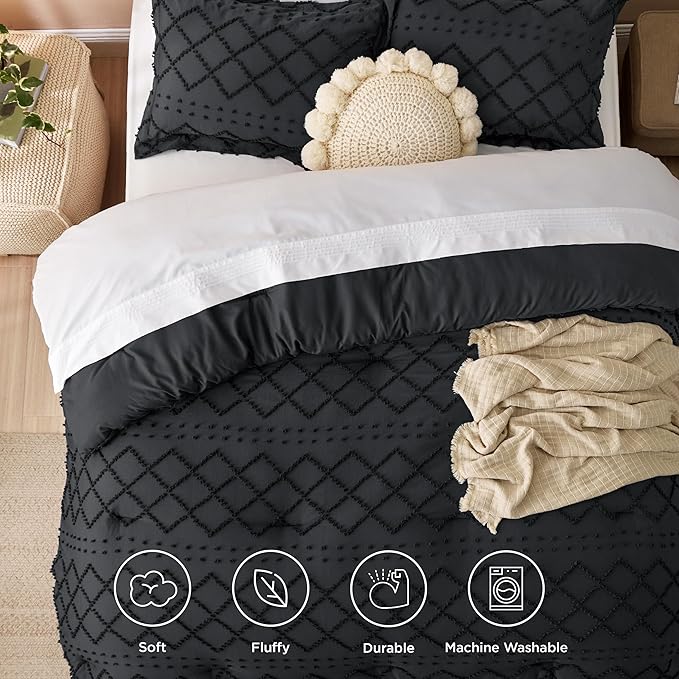 Bedsure Full Comforter Set - Black Comforter, Boho Tufted Shabby Chic Bedding for Kids, 3 Pieces Vintage Farmhouse Bed Set for All Seasons, Fluffy Soft Bedding with 2 Pillow Shams