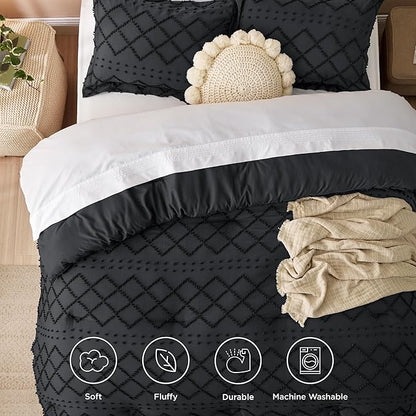 Bedsure Full Comforter Set - Black Comforter, Boho Tufted Shabby Chic Bedding for Kids, 3 Pieces Vintage Farmhouse Bed Set for All Seasons, Fluffy Soft Bedding with 2 Pillow Shams