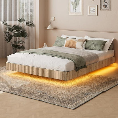 Evermagin Natural Queen Floating Bed Frame with led Lights, Bohemia Fluted Floating Platform Bed No Headboard, Heavy Duty Metal Float Bedframe, No Box Spring Needed