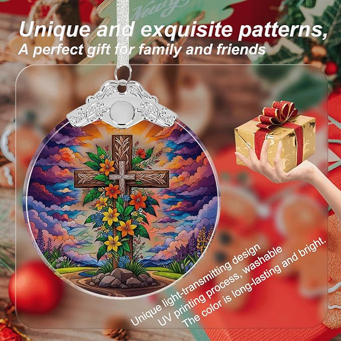 Cross Religious Christmas Ornaments Crystal Glass with Gift Box, Christian Ornament for Christmas Tree Xmas Decorations, Holiday Keepsake Present Exchange Ideas