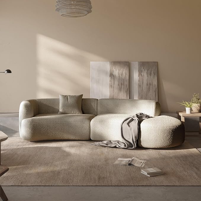 Acanva Modern Curved Sectional Living Room Couch, Minimalist Comfy Boucle Fabric Modular Sofa for Apartment, Home Office, 114" W Right Hand Facing, Light Coffee