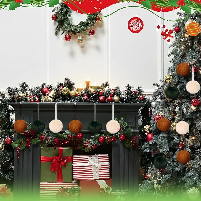 Gejoy 12 Pcs Furry Christmas Ball Ornaments for Xmas Tree Green Brown White Christmas Hanging Decorations Soft Faux Fur Pom Pom Ball Ornaments for Party Supplies Fireplace Mantel Home Wall Decor