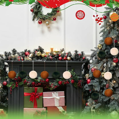 Gejoy 12 Pcs Furry Christmas Ball Ornaments for Xmas Tree Green Brown White Christmas Hanging Decorations Soft Faux Fur Pom Pom Ball Ornaments for Party Supplies Fireplace Mantel Home Wall Decor