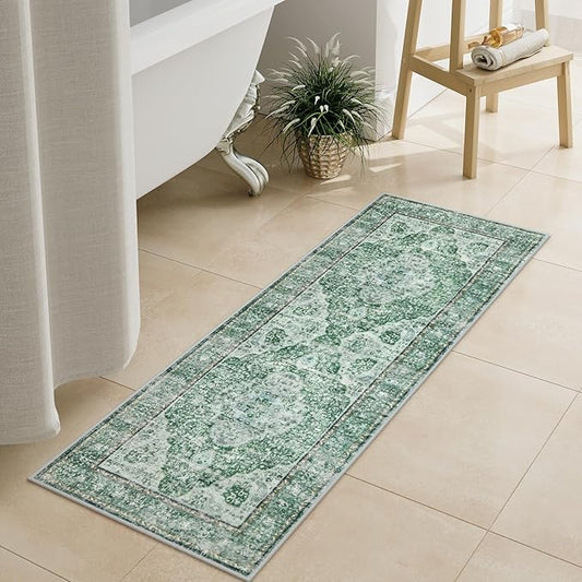 Uphome Green Bathroom Rugs, Distressed Farmhouse Boho Bath Mat, Non Slip Washable Soft Velvet Bath Mats for Bathroom Floor, Vintage Traditonal Bath Runner for Bathtub Sink Shower, 18x47 inch