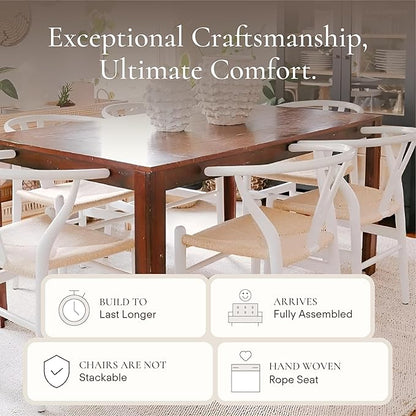 POLY & BARK Weave Dining Chairs – Mid-Century Modern Wishbone Dining Chairs with Arms, Solid Wood Frame, Indoor Use – White – Set of 2 - Ideal for Dining Room, Kitchen or Stylish Accent Setting