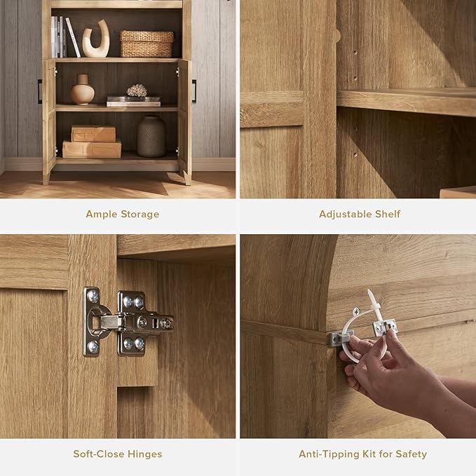 mopio Lauren 77.4" Tall Arched Cabinet, 5-Tier Arched Bookcase with Doors and Adjustable Shelves, Arch Bookshelf with Storage, Wooden Storage Cabinet for Living Room and Kitchen Pantry (Set of 2, Oak)