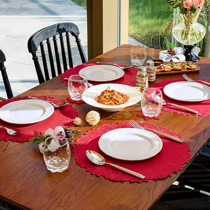 Noctiflorous Round Faux Leather 15 Inch Placemats Set of 4 Waterproof Wipeable Heat Resistant Tablemat for Dining Table Kitchen Non Slip Washable Oilproof Table Place Mat(Holly Red, 4)