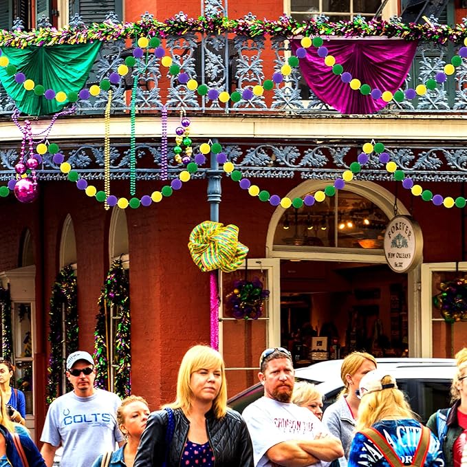 MARFOREVER 4 Pack 26.3 Feet Mardi Gras Decorations Mardi Gras Pom Pom Garland 30 Balls Yellow Green Purple Felt Garland Hanging Supplies for Mardi Gras Carnival Celebration Party Home Outdoor Decor