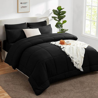 CozyLux Queen Comforter Set Black, 7 Pieces Bed in a Bag, Black Comforter Queen Size, All Season Bedding Sets with Stitch Quilted Comforter, Flat Sheet, Fitted Sheet, Pillowcases