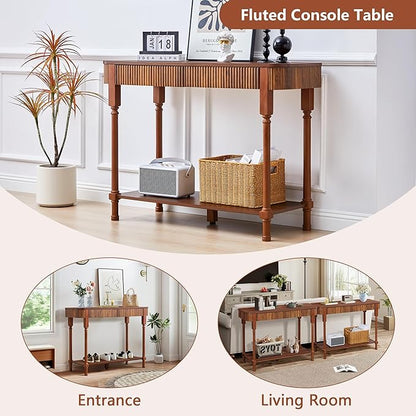 43.3'' Fluted Console Table for Entryway, Narrow Entryway Tables with 2 Wooden Drawers, Retro Sofa Table Behind Couch Accent Tables for Foyer, Living Room, Hallway (Walnut)