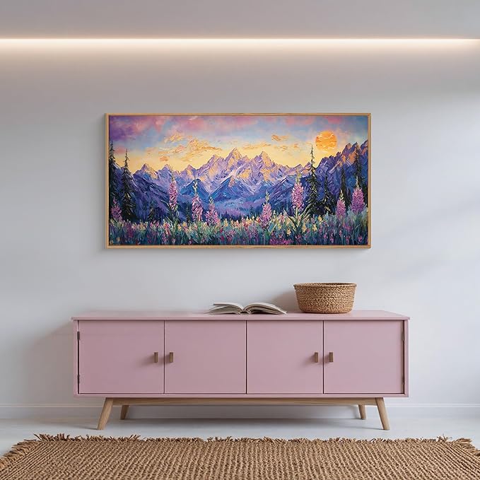 HOURIA Purple Sunset Mountain Landscape Framed Canvas Wall Art Set,Nature Pine Tree Wildflowers Wall Decor,Golden Sunlight Wall Painting,Modern Field Art Prints for Living Room, Bedroom-20 x40 x1