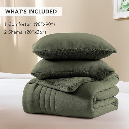 Monbix Fluffy Queen Comforter Set Olive Green, Sherpa Plush Fuzzy Comforter 3 Piece for Queen Size Bed, Luxury Soft Winter Warm Bedding Set