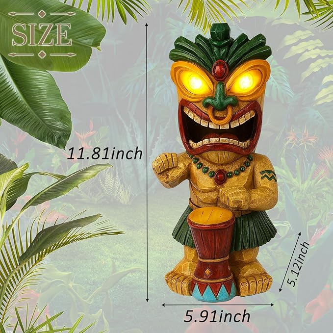 Solar Tiki Garden Statue with LED Eyes Outdoor Polynesian Drummer Hawaiian Party Decor Solar Light Ornament for Patio Porch Lawn Tiki Bar or Tiki Lover Funny Gifts