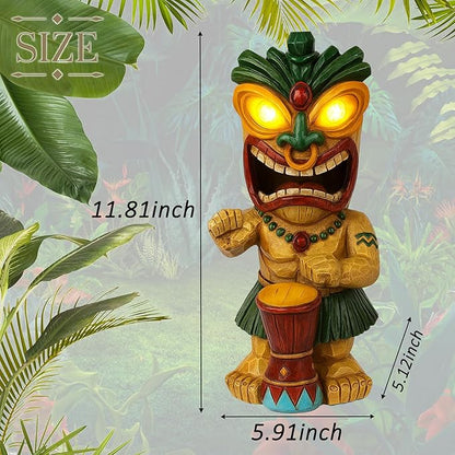 Solar Tiki Garden Statue with LED Eyes Outdoor Polynesian Drummer Hawaiian Party Decor Solar Light Ornament for Patio Porch Lawn Tiki Bar or Tiki Lover Funny Gifts