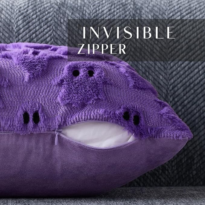 DFXSZ Halloween Pillow Covers 16x16 inch Set of 2 Purple Ghost Throw Pillow Cases Soft Plush Faux Fur Wool Cushion Case for Chair Bedroom Living Room Home Decor PTK03E16