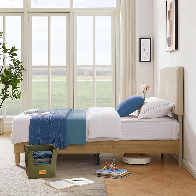 VECELO Twin Size Bed Frame Upholstered Platform Height-Adjustable Cotton and Linen Headboard, Heavy Duty Wood Slats, Noise-Free, No Box Spring Needed, Easy Assembly, Beige