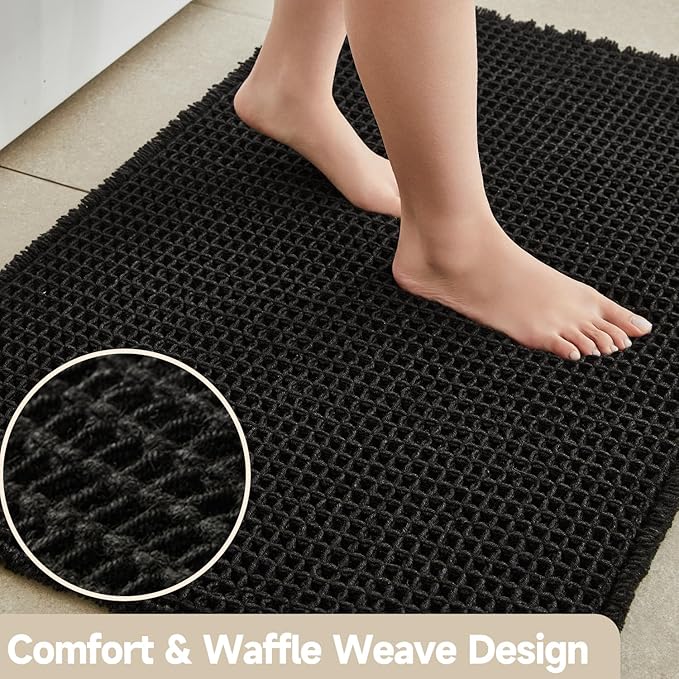Black Long Bathroom Rug, Waffle Runner Rug Bathroom Non Slip Washable Super Absorbent Quick Dry Boho Farmhouse Bath Decor, 60"x24" Black