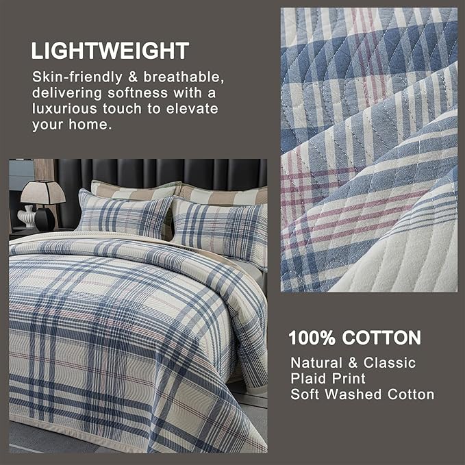 Cotton Plaid Quilt Set Queen 3 Piece Reversible Bedding, Grid Blue White