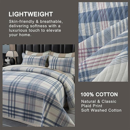 Cotton Plaid Quilt Set Queen 3 Piece Reversible Bedding, Grid Blue White