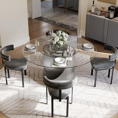 POVISON 51" Modern Round Dining with Lazy Susan Table for 4, Glass Tabletop Dining Table with Grey Carbon Steel Pedestal, Modern Dining Room Table for Kitchen, Living Room (Table Only)