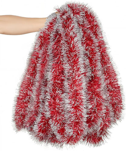Lush Christmas Tinsel Garland, Red & White Radiant Metallic Twist Streamers for Holiday Decor, Plush & Full Xmas Tree Garland for an Elegant Festive Atmosphere, Indoor & Outdoor Party Supplies