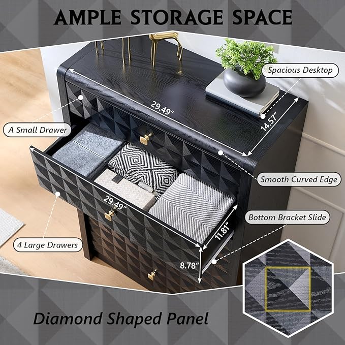 Modern 5 Drawer Dresser for Bedroom, Wooden Tall Dressers &Chests of Drawers w/Two Different Drawer Sizes, Mid Century Modern Dresser w/Diamond Panel Decorate for Bedroom, Curved Profile Design, Black