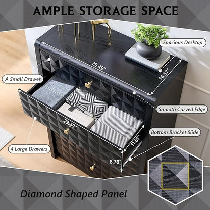 Modern 5 Drawer Dresser for Bedroom, Wooden Tall Dressers &Chests of Drawers w/Two Different Drawer Sizes, Mid Century Modern Dresser w/Diamond Panel Decorate for Bedroom, Curved Profile Design, Black