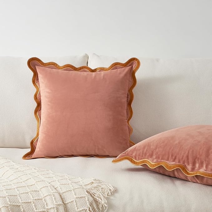 MONDAY MOOSE Decorative Throw Pillow Covers Cushion Cases, Set of 2 Soft Velvet Scalloped Wavy Edge Designs, Mix and Match for Home Decor, Pillow Inserts Not Included (Honey/Pink, 20x20 inch)