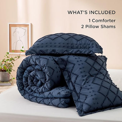 Bedsure Oversized Queen Comforter Set - Navy Blue Comforter, Boho Tufted Shabby Chic Bedding, 3 Pieces Vintage Farmhouse Bed Set for All Seasons, Fluffy Soft Bedding with 2 Pillow Shams