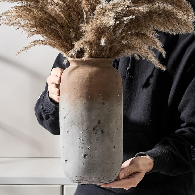 Ceramic Farmhouse Vase for Decor | 11.5 Inch Large Ceramic Rustic Vintage Flower Pottery Vase for Home Countertop, Living Room, Shelf, Centerpiece and Table Deocration, Brown